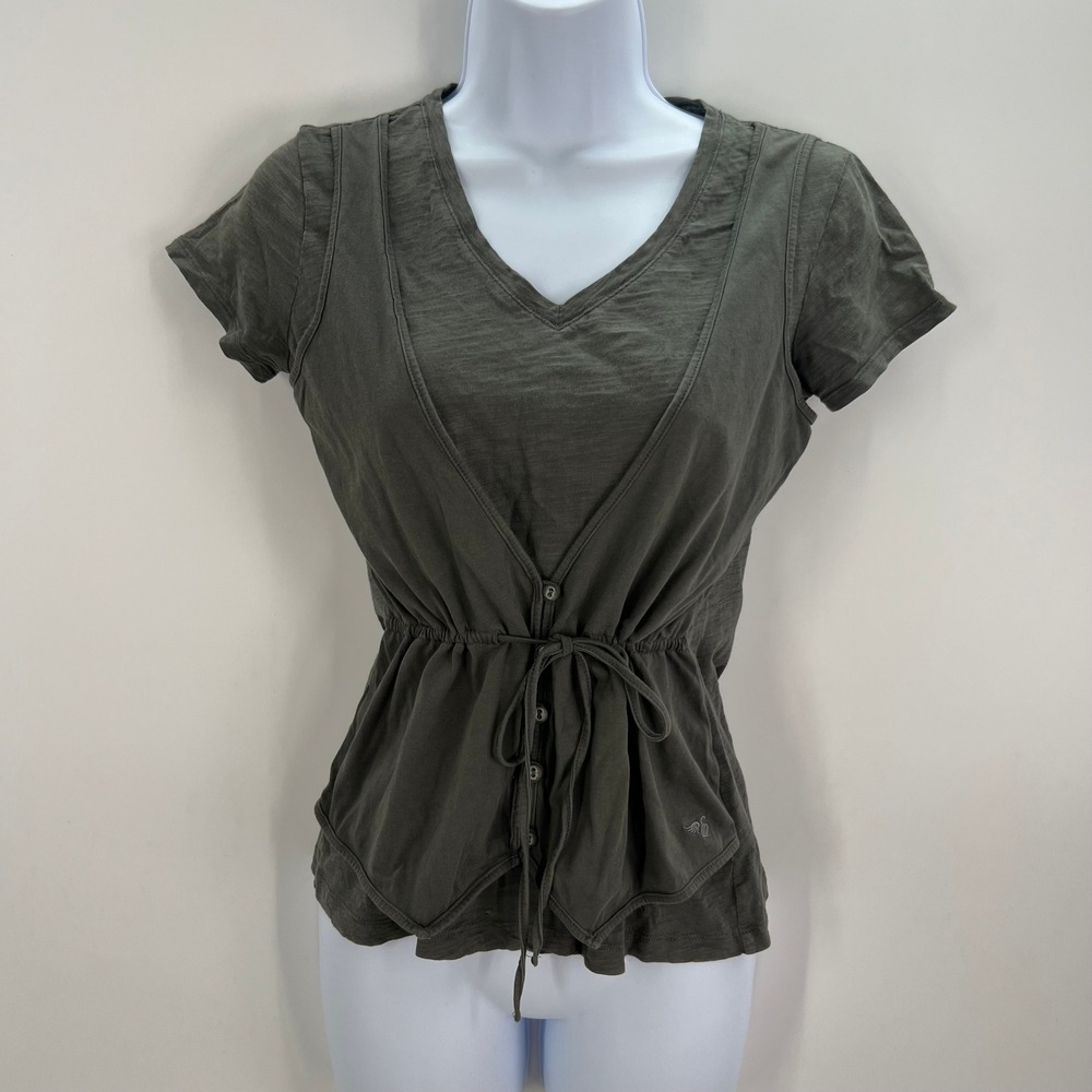 Esprit Women Small 90s Y2K Green Layered Faux Vest Top Drawstring Waist V-Neck